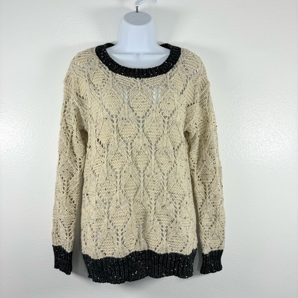 POL Cream Chunky Knit Boho Sweater with Black Trim SzM Cozycore Cottagecore